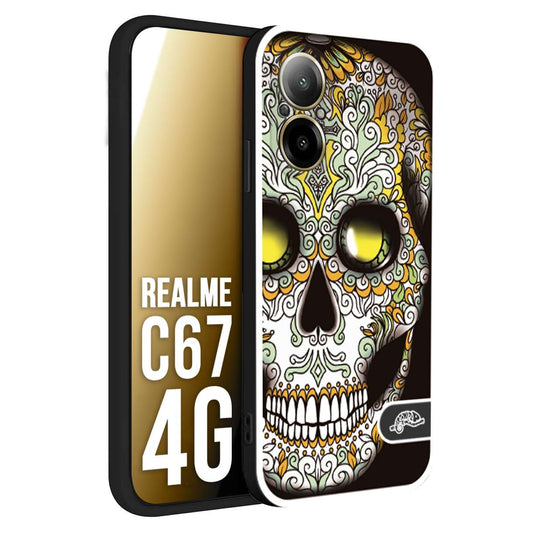 CUSTOMIZZA - Custodia cover nera morbida in tpu compatibile per Realme C67 4G teschio messicano Mexican skull bianco verde giallo
