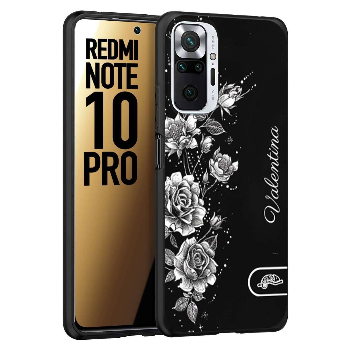 CUSTOMIZZA - Custodia cover nera morbida in tpu compatibile per Xiaomi Redmi Note 10 PRO a rilievo soft touch personalizzata nome rose fiori donna