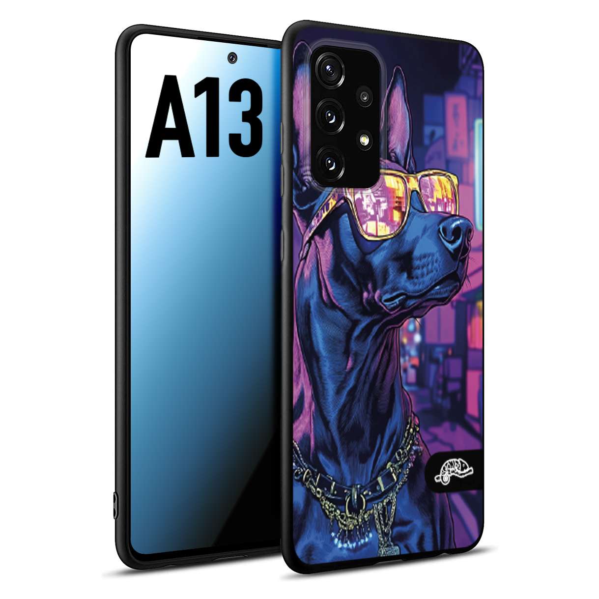 CUSTOMIZZA - Custodia cover nera morbida in tpu compatibile per Samsung A13 animali cyberpunk dobermann cane street dog fucsia blu night