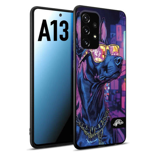 CUSTOMIZZA - Custodia cover nera morbida in tpu compatibile per Samsung A13 animali cyberpunk dobermann cane street dog fucsia blu night