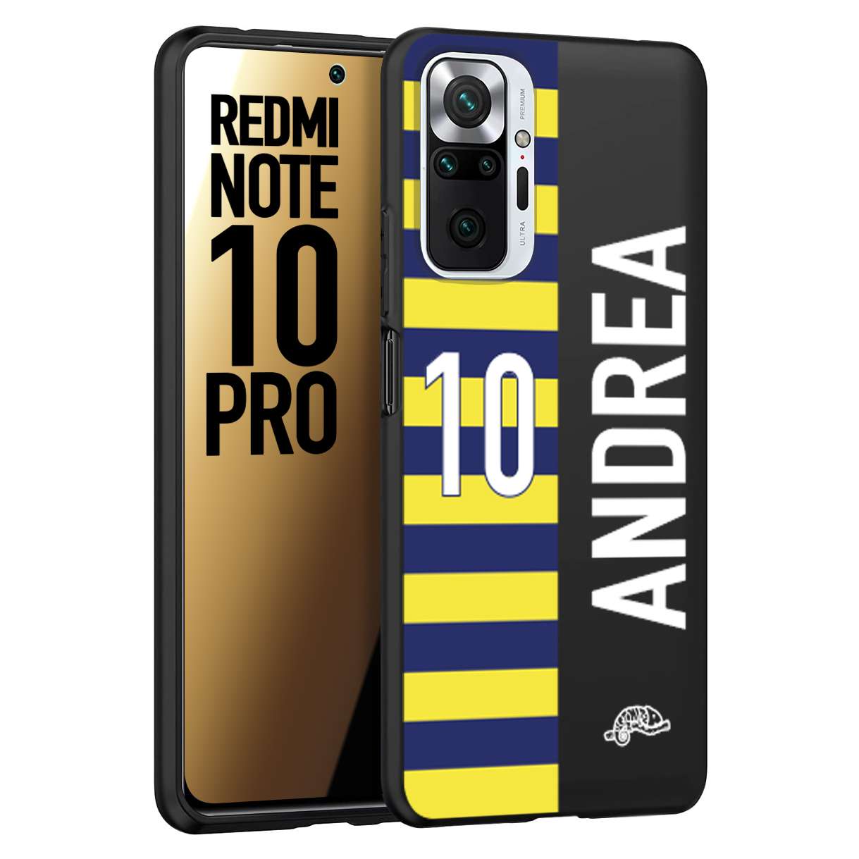 CUSTOMIZZA - Custodia cover nera morbida in tpu compatibile per Xiaomi Redmi Note 10 PRO personalizzata calcio football nome e numero calciatori giallo blu