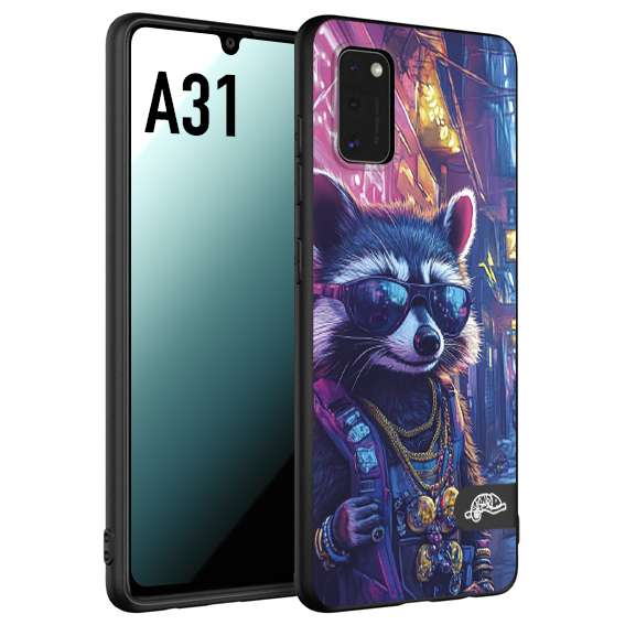 CUSTOMIZZA - Custodia cover nera morbida in tpu compatibile per Samsung A31 animali simpatici cyberpunk procione racoon street cat fucsia blu giallo