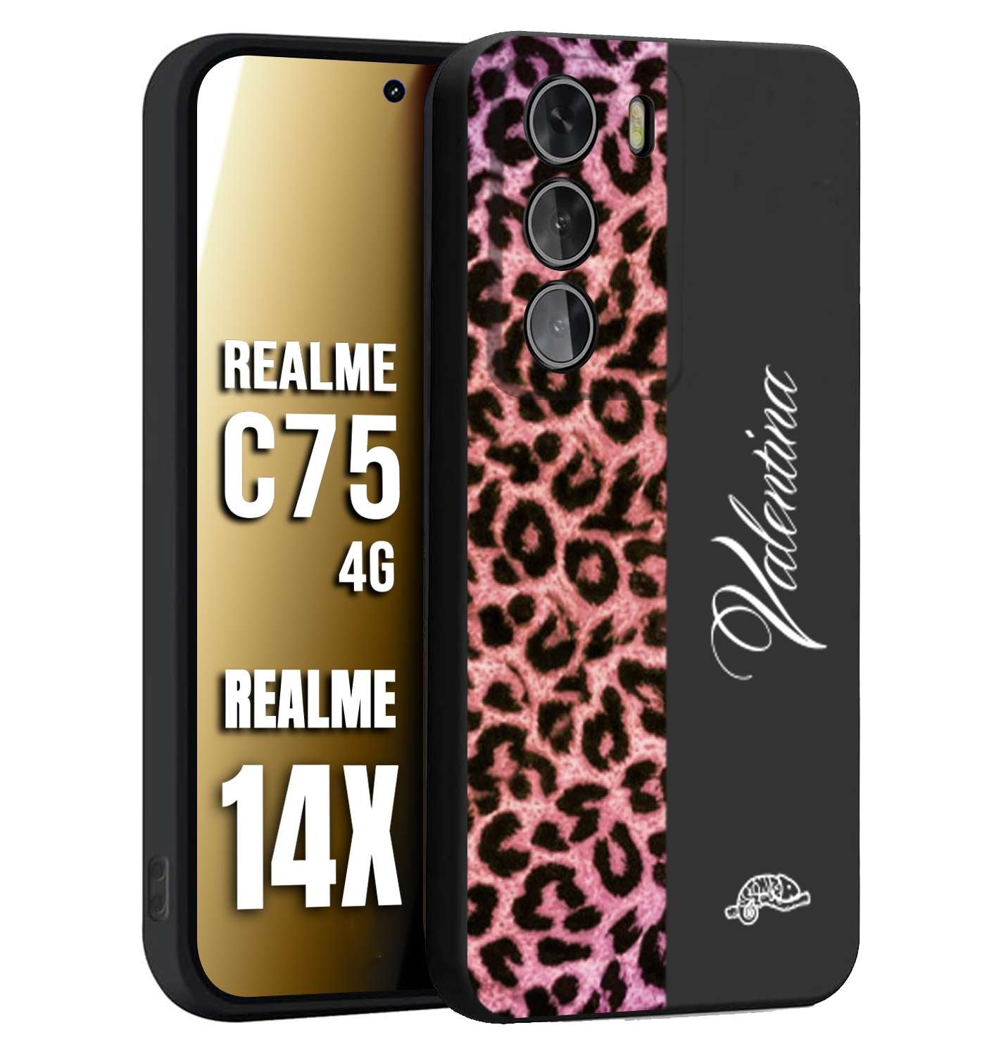 CUSTOMIZZA - Custodia cover nera morbida in tpu compatibile per Realme 14X - C75 4G leopardato rosa fucsia personalizzata nome iniziali