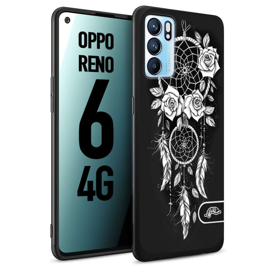 CUSTOMIZZA - Custodia cover nera morbida in tpu compatibile per Oppo Reno 6 4G acchiappasogni dreamcatcher black and white bianco a rilievo disegnato tattoo tatuaggio