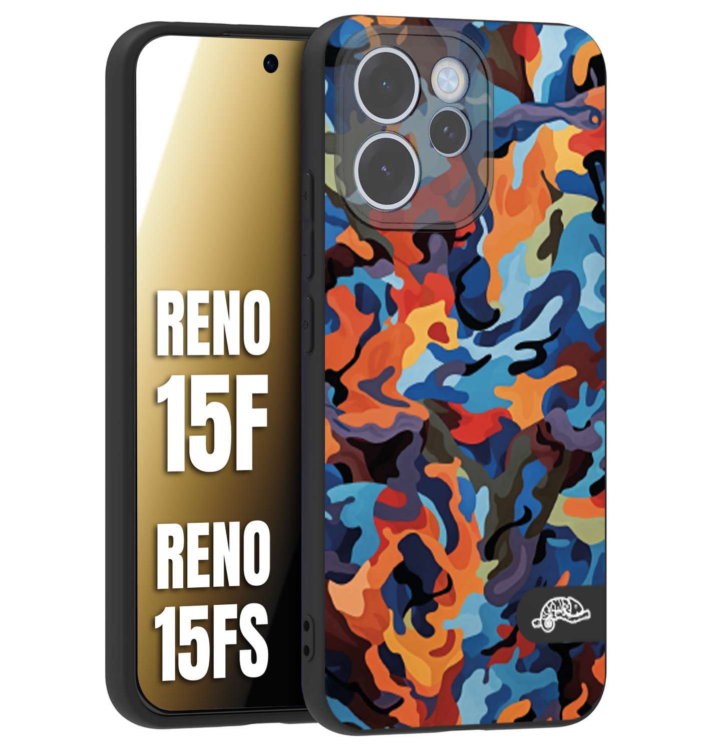CUSTOMIZZA - Custodia cover nera morbida in tpu compatibile per Oppo Reno 15 F - Reno 15 FS camouflage mimetico militare moderno blu arancio rosso