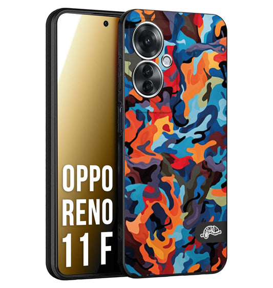CUSTOMIZZA - Custodia cover nera morbida in tpu compatibile per Oppo Reno 11 F 5G camouflage mimetico militare moderno blu arancio rosso