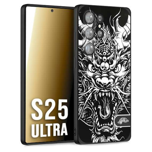 CUSTOMIZZA - Custodia cover nera morbida in tpu compatibile per Samsung S25 ULTRA drago black and white bianco a rilievo disegnato tattoo tatuaggio