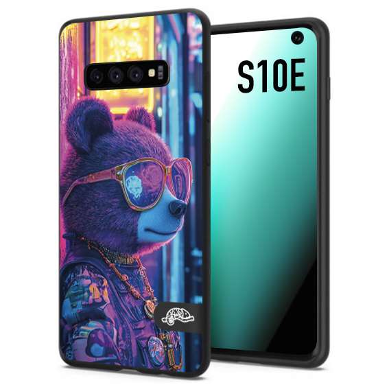 CUSTOMIZZA - Custodia cover nera morbida in tpu compatibile per Samsung S10E animali cyberpunk orsetto orso street bear fucsia blu night