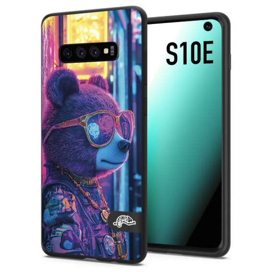 CUSTOMIZZA - Custodia cover nera morbida in tpu compatibile per Samsung S10E animali cyberpunk orsetto orso street bear fucsia blu night