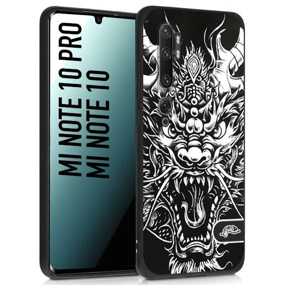 CUSTOMIZZA - Custodia cover nera morbida in tpu compatibile per Xiaomi Mi Note 10 - Mi Note 10 Pro drago black and white bianco a rilievo disegnato tattoo tatuaggio