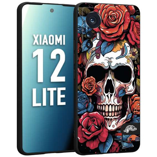 CUSTOMIZZA - Custodia cover nera morbida in tpu compatibile per Xiaomi 12 LITE teschio skull flowers fiori rose rosse tattoo disegnato