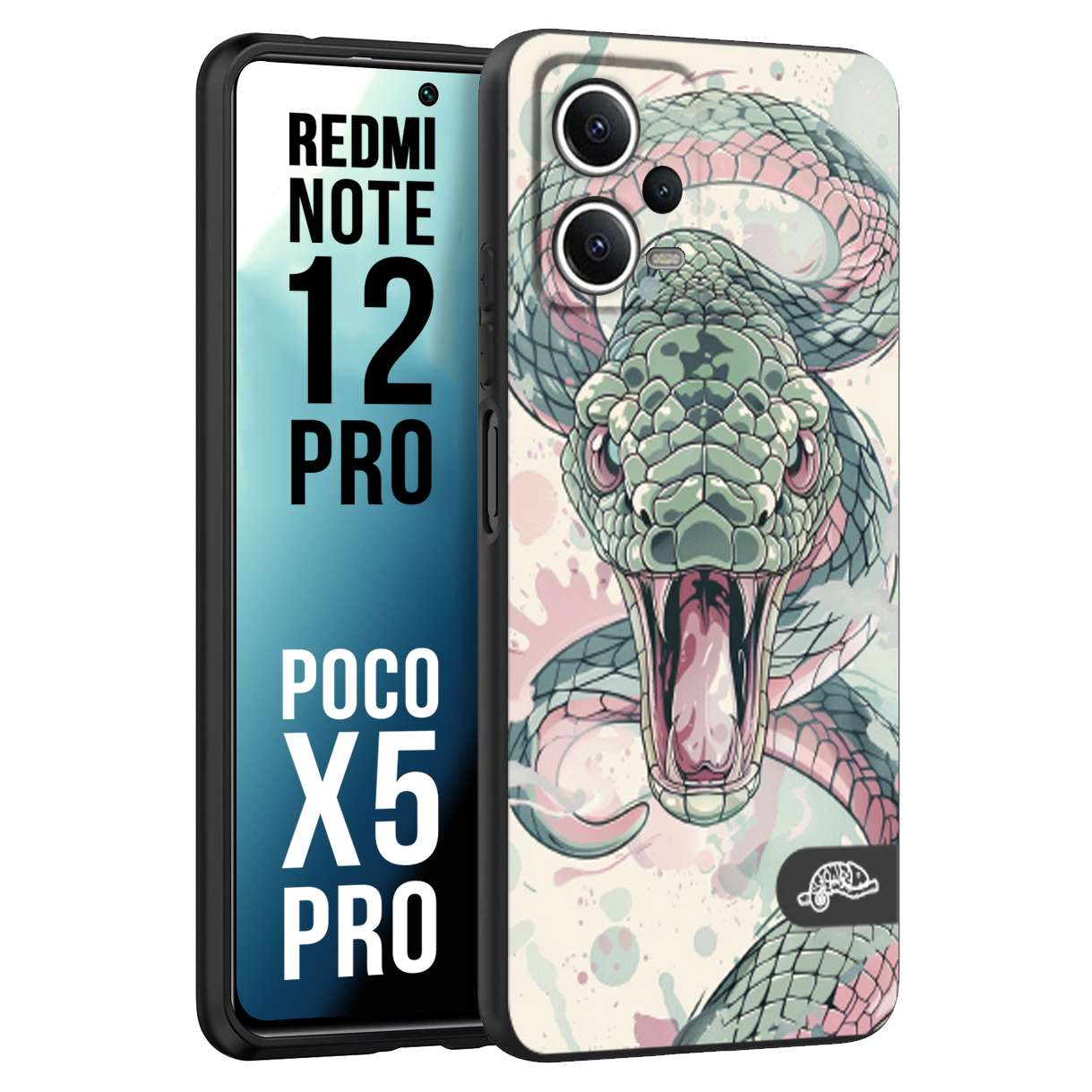 CUSTOMIZZA - Custodia cover nera morbida in tpu compatibile per Xiaomi Redmi Note 12 PRO - POCO X5 PRO snake pink green serpente tatuaggio tattoo disegnato a mano