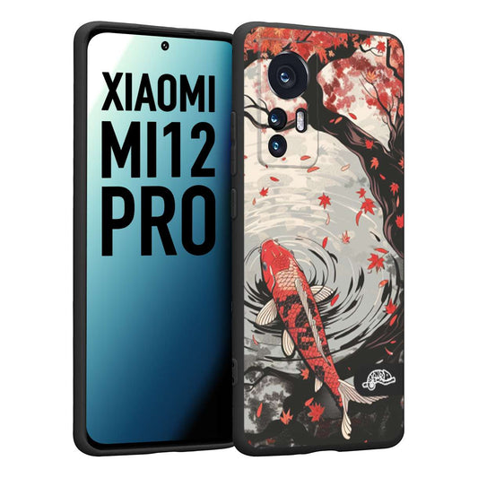 CUSTOMIZZA - Custodia cover nera morbida in tpu compatibile per Xiaomi 12 PRO giapponese lago carpa koi rossa con foglie d'acero rosso disegnata tattoo