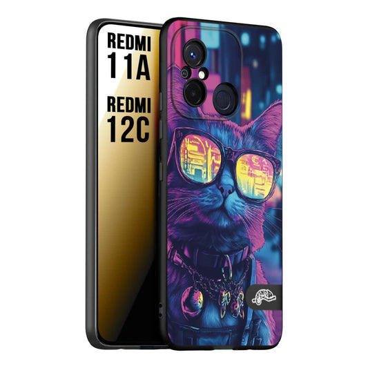 CUSTOMIZZA - Custodia cover nera morbida in tpu compatibile per Xiaomi Redmi 11A - 12C animali cyberpunk gatto street cat fucsia blu giallo
