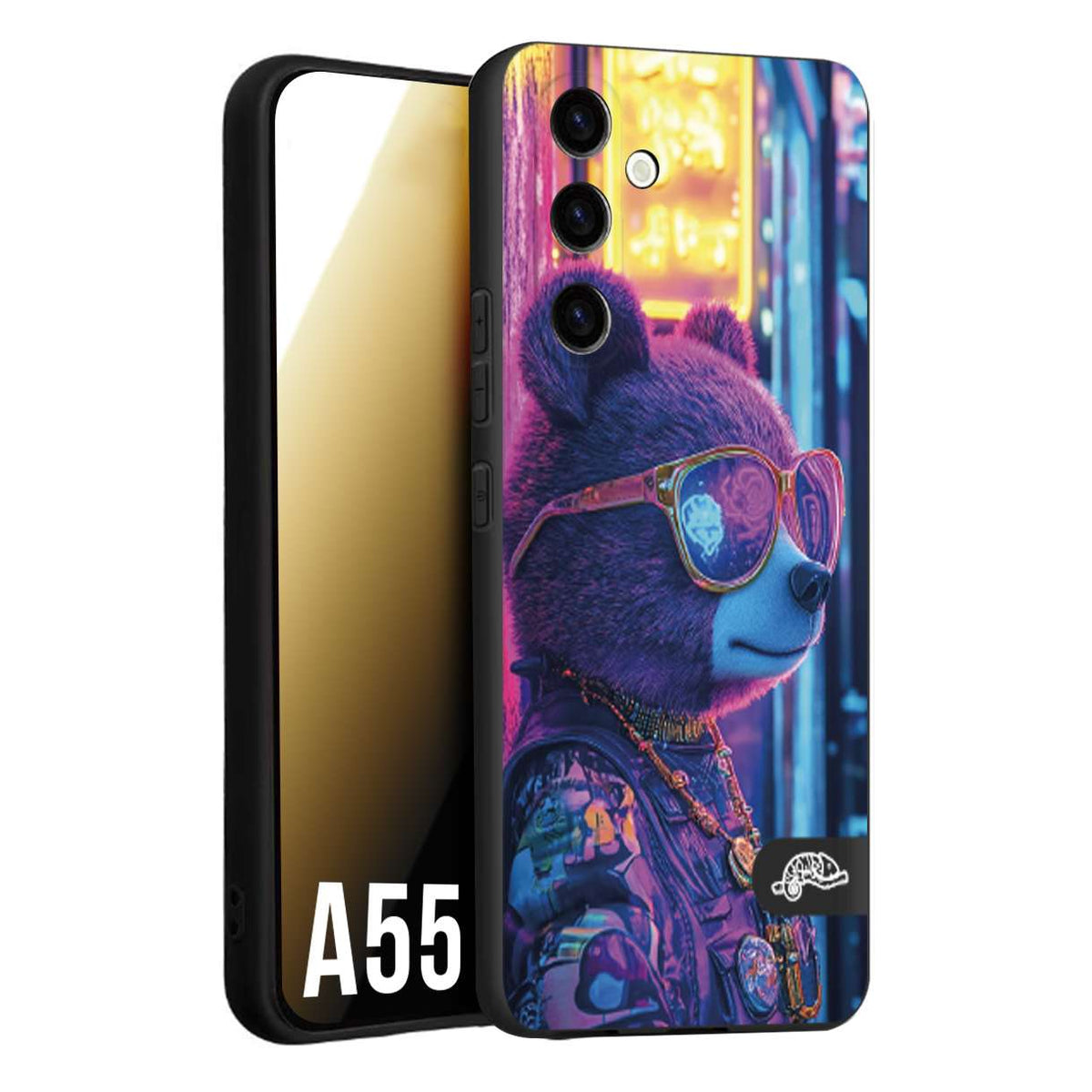 CUSTOMIZZA - Custodia cover nera morbida in tpu compatibile per Samsung A55 5G animali cyberpunk orsetto orso street bear fucsia blu night