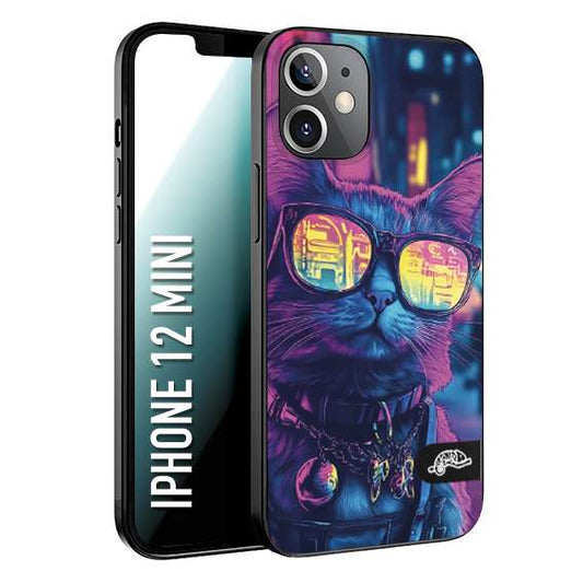 CUSTOMIZZA - Custodia cover nera morbida in tpu compatibile per iPhone 12 MINI animali cyberpunk gatto street cat fucsia blu giallo