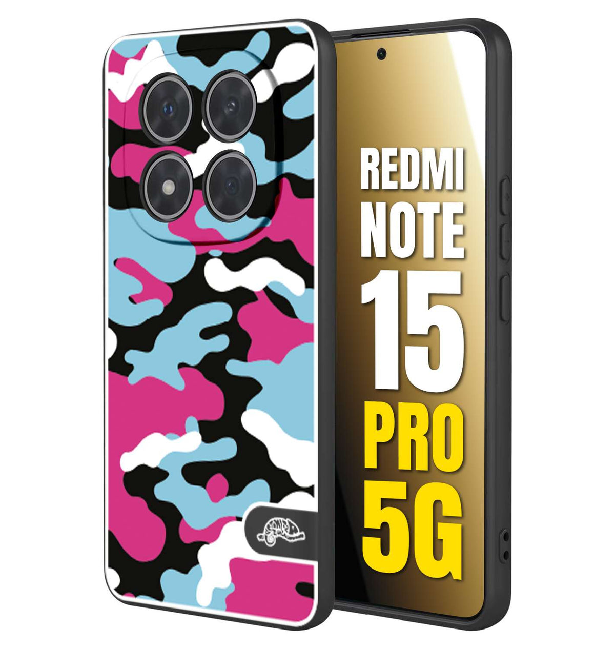 CUSTOMIZZA - Custodia cover nera morbida in tpu compatibile per Xiaomi Redmi Note 15 PRO 5G camouflage mimetico militare fucsia celeste