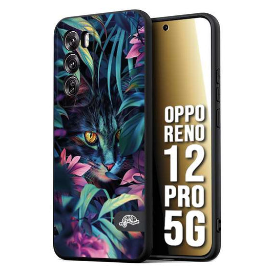 CUSTOMIZZA - Custodia cover nera morbida in tpu compatibile per Oppo Reno 12 PRO 5G animali color giungla tropicale occhio di gatto colori vibranti disegnato