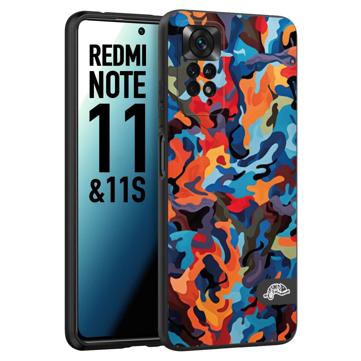 CUSTOMIZZA - Custodia cover nera morbida in tpu compatibile per Xiaomi Redmi Note 11 -  Note 11S camouflage mimetico militare moderno blu arancio rosso