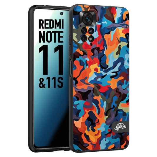 CUSTOMIZZA - Custodia cover nera morbida in tpu compatibile per Xiaomi Redmi Note 11 -  Note 11S camouflage mimetico militare moderno blu arancio rosso