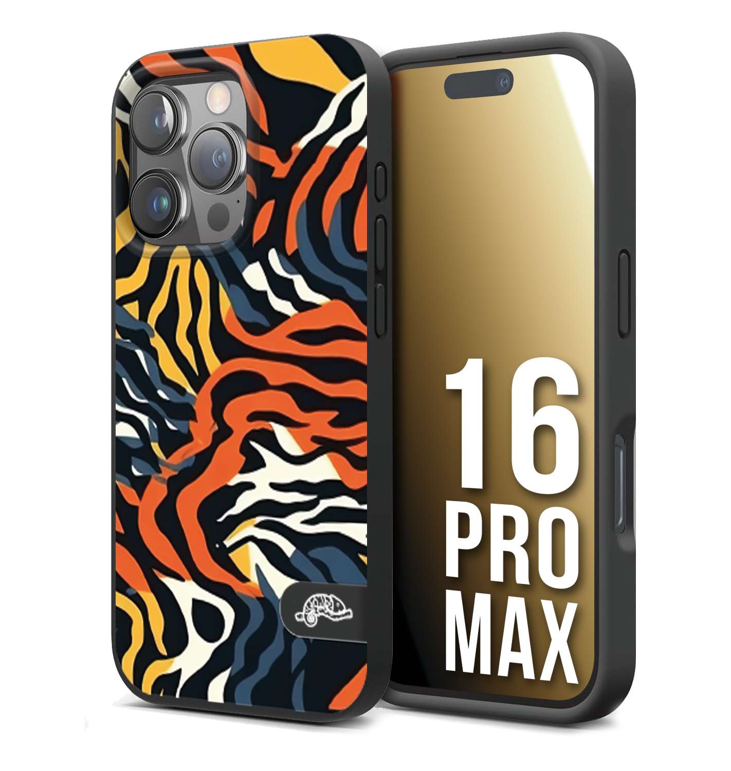 CUSTOMIZZA - Custodia cover nera morbida in tpu compatibile per iPhone 16 PRO MAX leopardato maculato tigrato tiger colorata gialla blu arancio