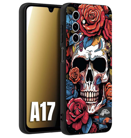 CUSTOMIZZA - Custodia cover nera morbida in tpu compatibile per Samsung A17 teschio skull flowers fiori rose rosse tattoo disegnato