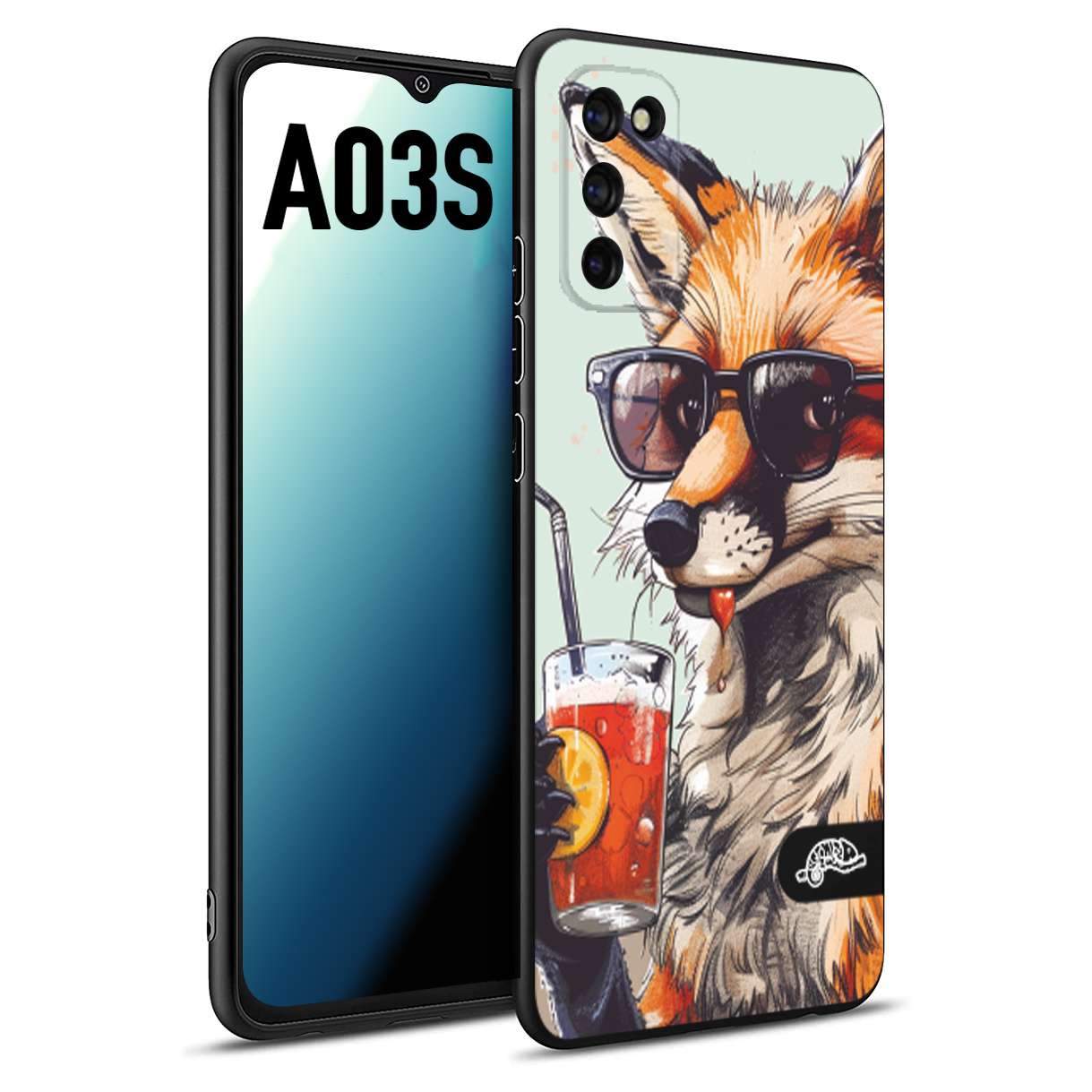 CUSTOMIZZA - Custodia cover nera morbida in tpu compatibile per Samsung A03S estate disegnata cocktails animali simpatici fox volpe negroni