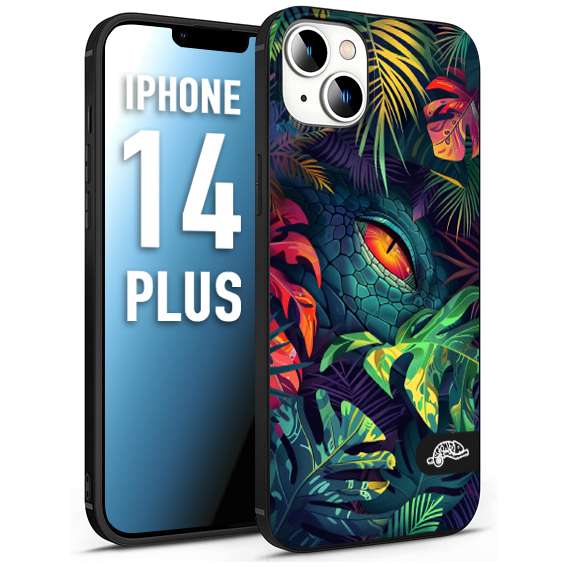 CUSTOMIZZA - Custodia cover nera morbida in tpu compatibile per iPhone 14 PLUS animali color giungla tropicale occhio di coccodrillo alligatore disegnato