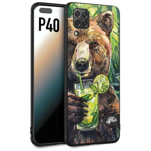 CUSTOMIZZA - Custodia cover nera morbida in tpu compatibile per Huawei P40 estate disegnata cocktails animali simpatici orso bear negroni