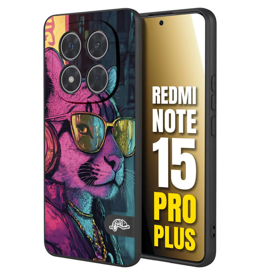 CUSTOMIZZA - Custodia cover nera morbida in tpu compatibile per Xiaomi Redmi Note 15 PRO PLUS animali cyberpunk pantera street cat fucsia blu giallo