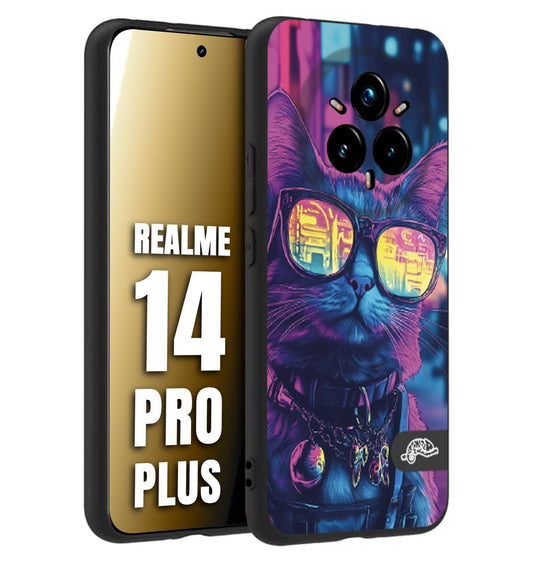 CUSTOMIZZA - Custodia cover nera morbida in tpu compatibile per Realme 14 PRO PLUS animali cyberpunk gatto street cat fucsia blu giallo