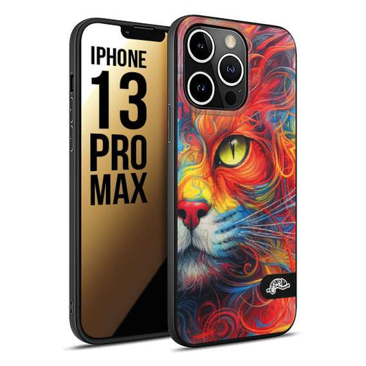 CUSTOMIZZA - Custodia cover nera morbida in tpu compatibile per iPhone 13 PRO MAX animali color cat gatto viso colori vibranti disegnato schizzo