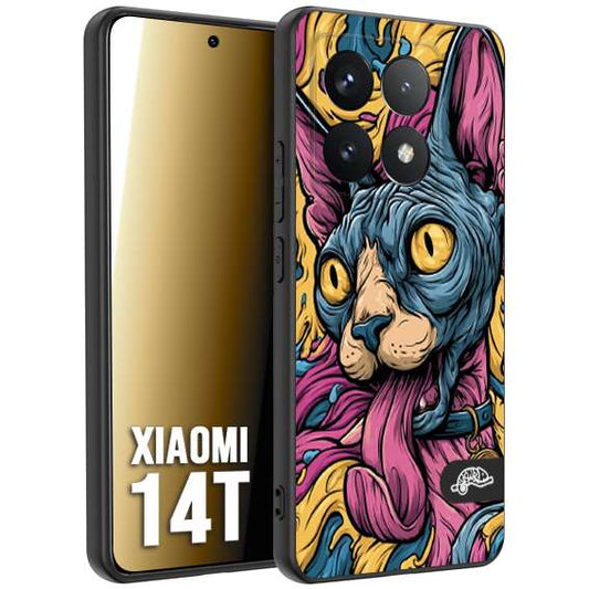 CUSTOMIZZA - Custodia cover nera morbida in tpu compatibile per Xiaomi 14T Sphynx Colorato Pop Art Psichedelico Gatto Blu Rosa Giallo Artistica Fantasy
