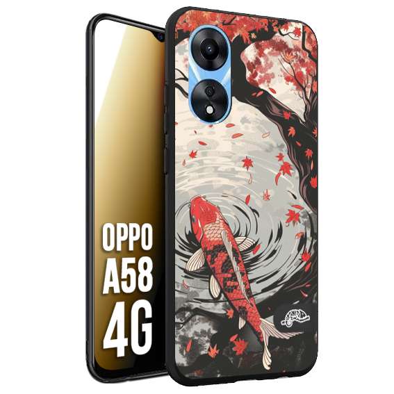 CUSTOMIZZA - Custodia cover nera morbida in tpu compatibile per Oppo A58 4G giapponese lago carpa koi rossa con foglie d'acero rosso disegnata tattoo