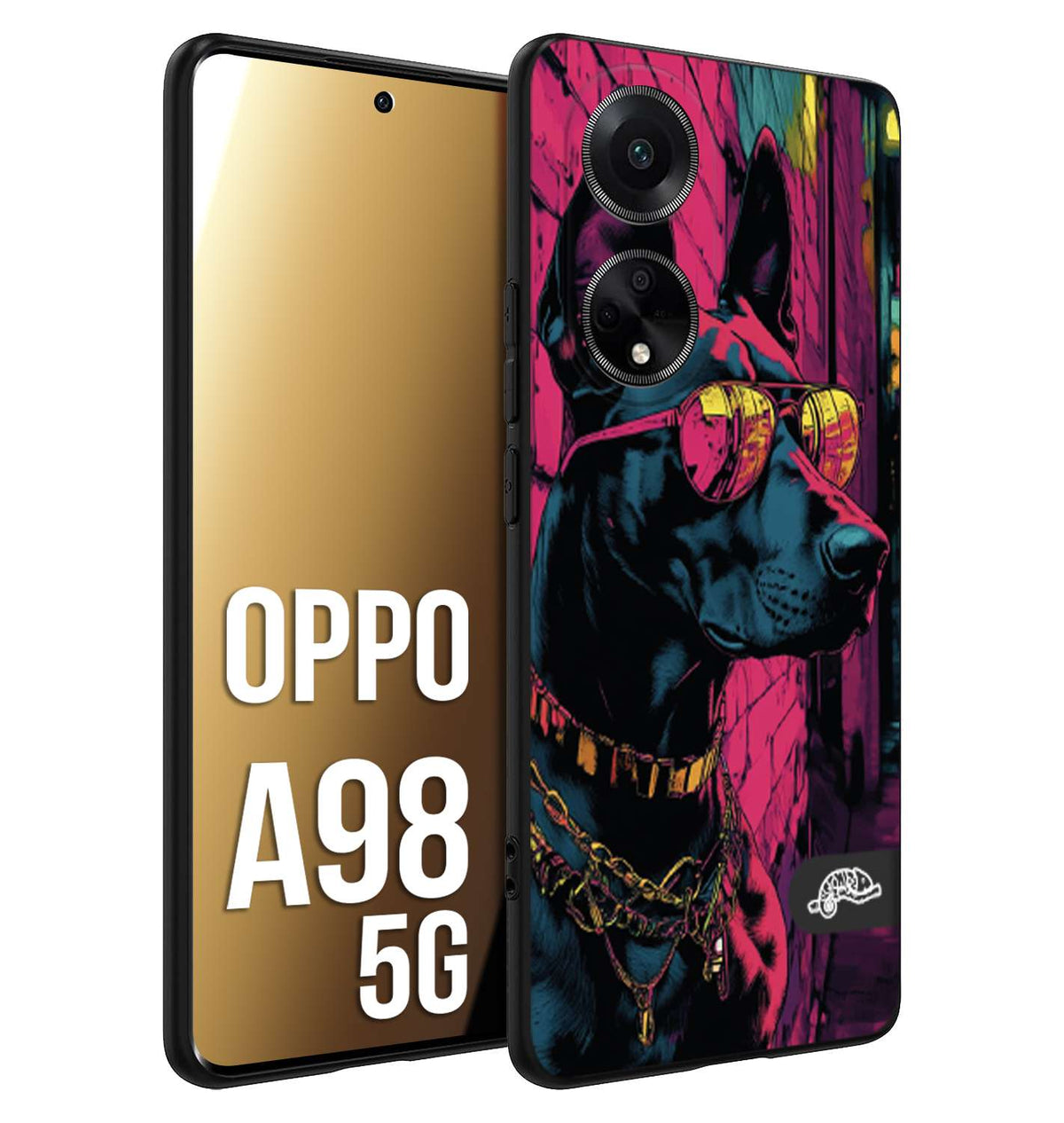 CUSTOMIZZA - Custodia cover nera morbida in tpu compatibile per Oppo A98 5G animali cyberpunk dobermann cane street dog fucsia blu