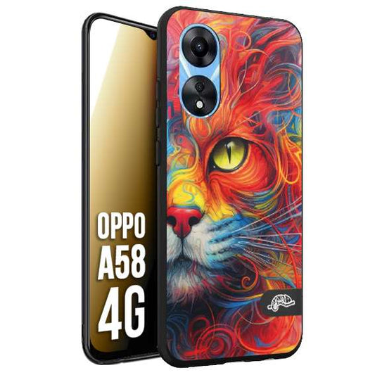 CUSTOMIZZA - Custodia cover nera morbida in tpu compatibile per Oppo A58 4G animali color cat gatto viso colori vibranti disegnato schizzo