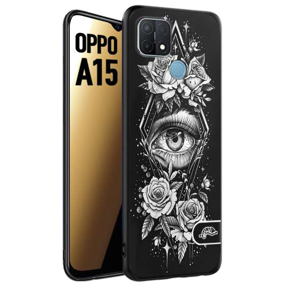 CUSTOMIZZA - Custodia cover nera morbida in tpu compatibile per Oppo A15 occhio fiori rombo geometrico black and white bianco a rilievo disegnato tattoo tatuaggio