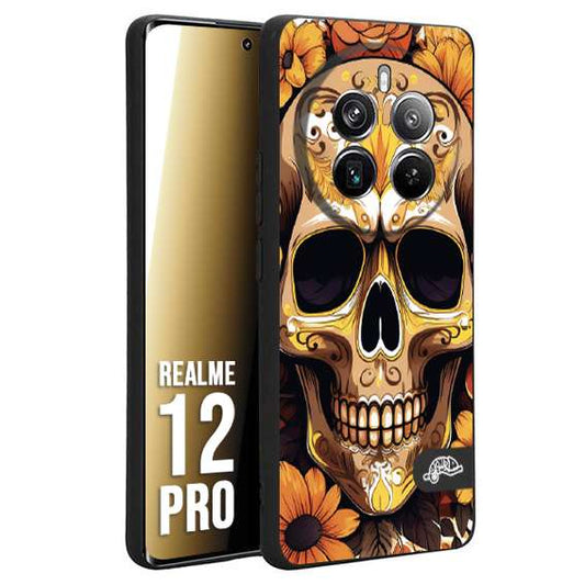 CUSTOMIZZA - Custodia cover nera morbida in tpu compatibile per Realme 12 PRO teschio messicano colorato dorato fiori tattoo disegnato