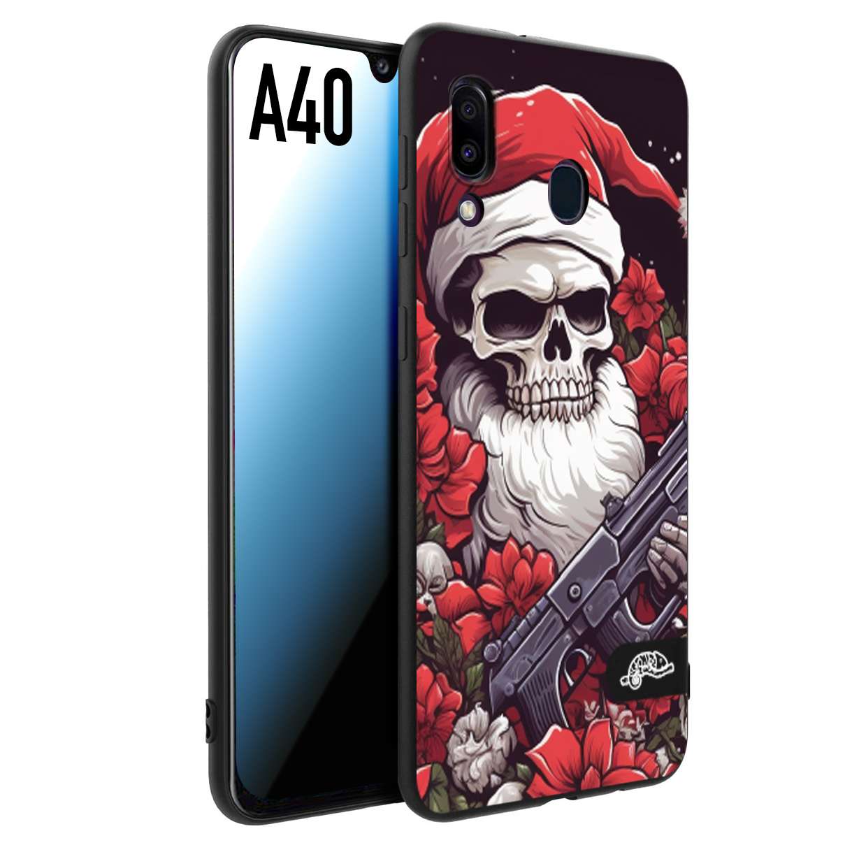 CUSTOMIZZA - Custodia cover nera morbida in tpu compatibile per Samsung A40 teschio natale santa claus fiori tattoo disegnato