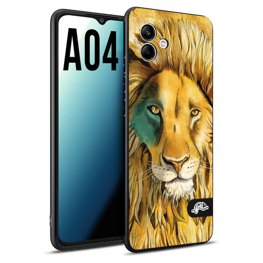 CUSTOMIZZA - Custodia cover nera morbida in tpu compatibile per Samsung A04 leone lion disegnato a mano giallo blu a rilievo artistico brown