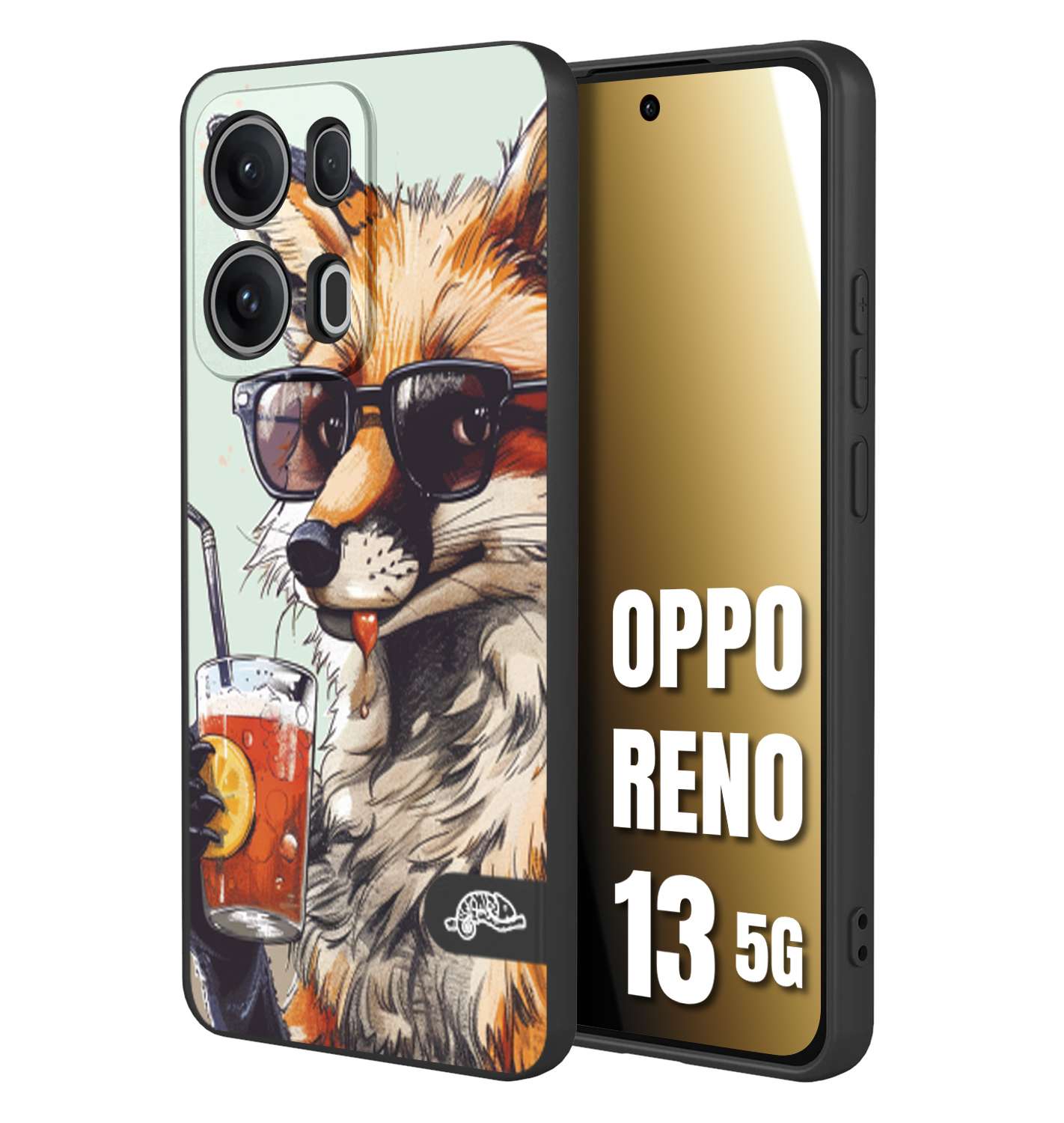 CUSTOMIZZA - Custodia cover nera morbida in tpu compatibile per Oppo Reno 13 5G estate disegnata cocktails animali simpatici fox volpe negroni
