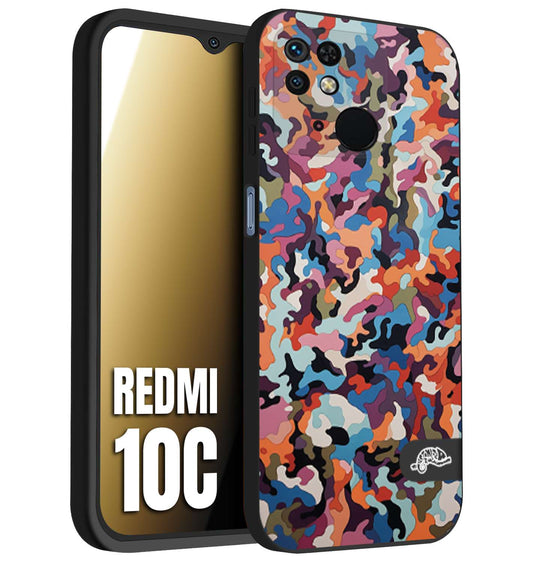 CUSTOMIZZA - Custodia cover nera morbida in tpu compatibile per Xiaomi Redmi 10C camouflage mimetico militare moderno blu arancio rosa