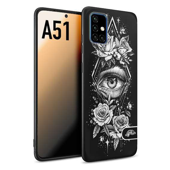 CUSTOMIZZA - Custodia cover nera morbida in tpu compatibile per Samsung A51 occhio fiori rombo geometrico black and white bianco a rilievo disegnato tattoo tatuaggio