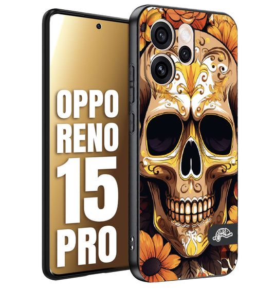 CUSTOMIZZA - Custodia cover nera morbida in tpu compatibile per Oppo Reno 15 PRO teschio messicano colorato dorato fiori tattoo disegnato