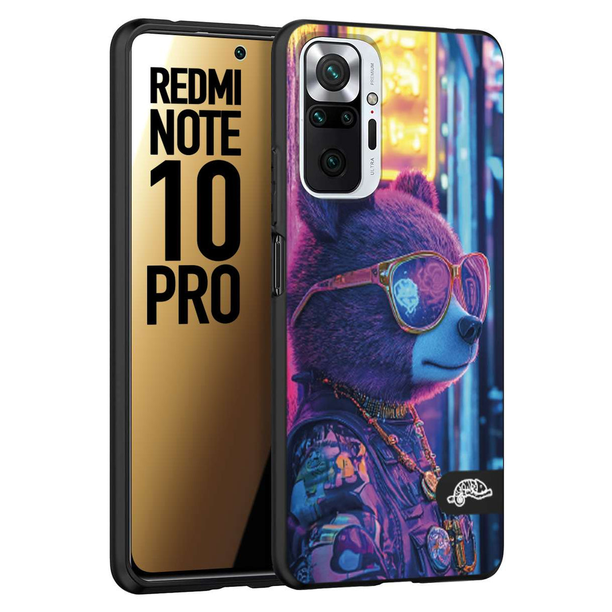 CUSTOMIZZA - Custodia cover nera morbida in tpu compatibile per Xiaomi Redmi Note 10 PRO animali cyberpunk orsetto orso street bear fucsia blu night