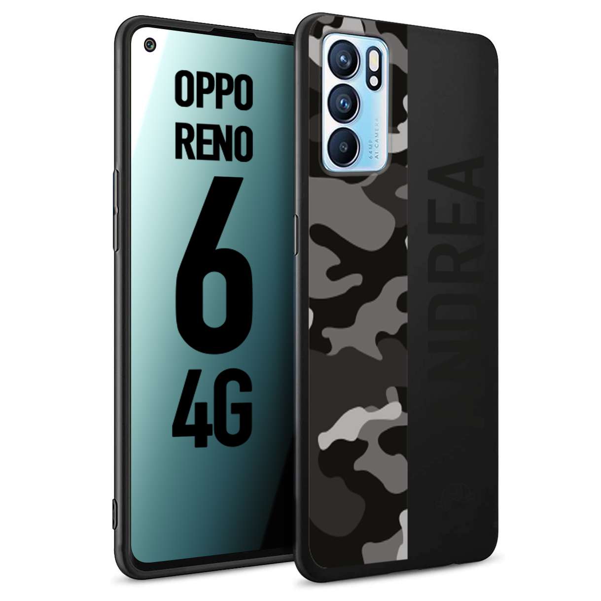 CUSTOMIZZA - Custodia cover nera morbida in tpu compatibile per Oppo Reno 6 4G camouflage mimetico militare personalizzata nome