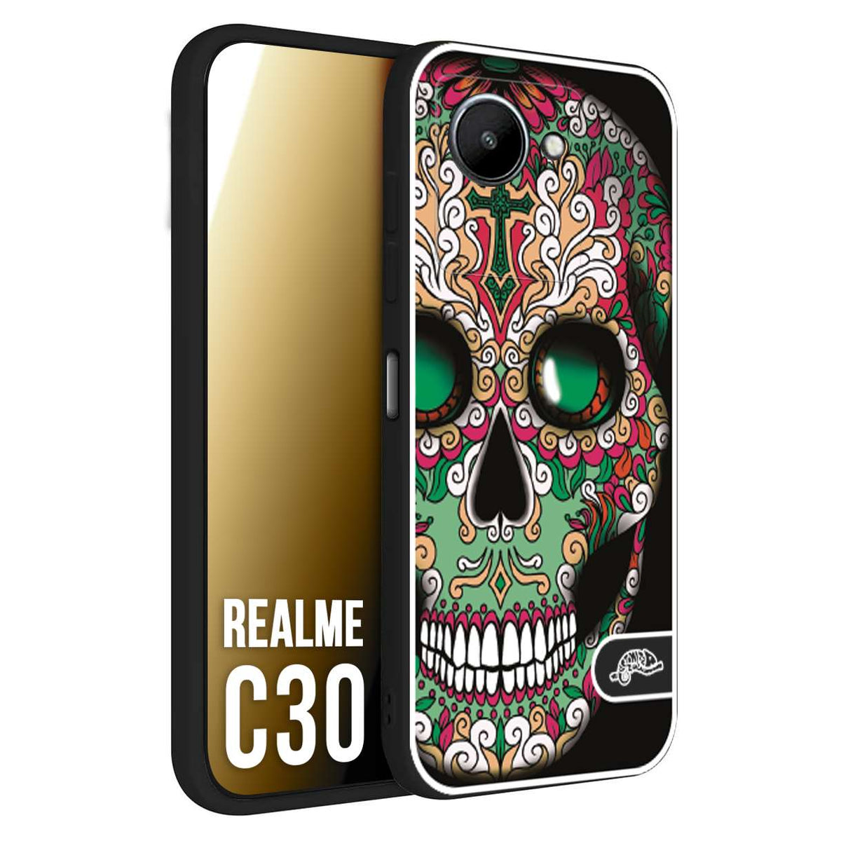 CUSTOMIZZA - Custodia cover nera morbida in tpu compatibile per Realme C30 teschio messicano Mexican skull verde fucsia