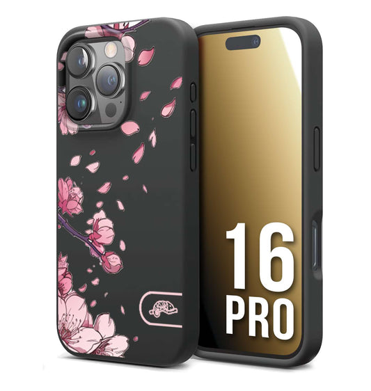 CUSTOMIZZA - Custodia cover nera morbida in tpu compatibile per iPhone 16 PRO giapponese fiori di ciliegio in fiore a rilievo disegnata tattoo