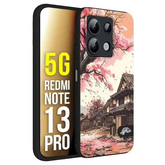 CUSTOMIZZA - Custodia cover nera morbida in tpu compatibile per Xiaomi Redmi Note 13 PRO 5G casa giapponese rosa ciliegio in fiore disegnata tattoo