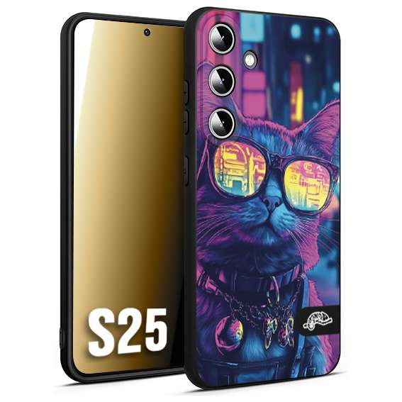 CUSTOMIZZA - Custodia cover nera morbida in tpu compatibile per Samsung S25 animali cyberpunk gatto street cat fucsia blu giallo
